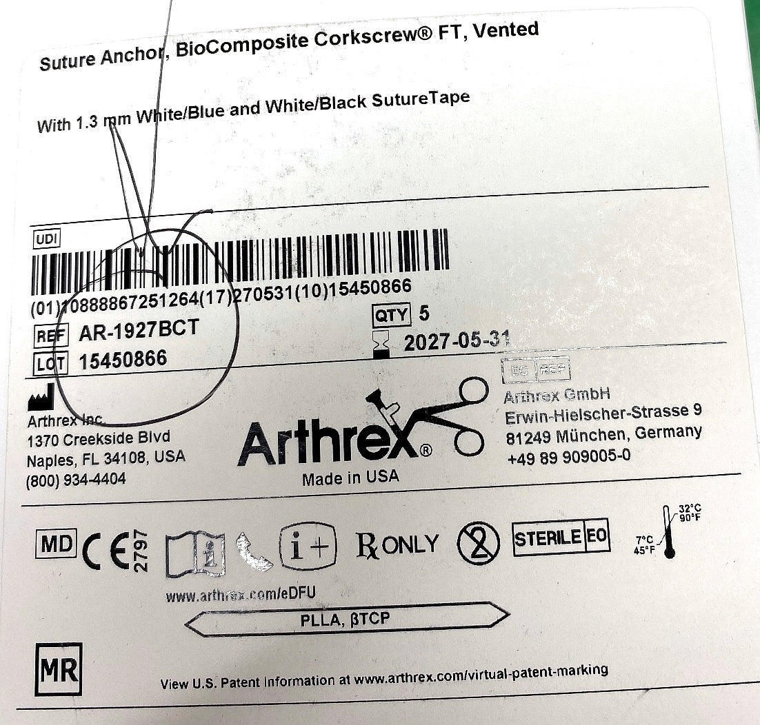 AR-1927BCT - ARTHREX - BioComposite Corkscrew FT suture anchor, 5.5mm x 14.7mm, with SutureTape., (BX/5)