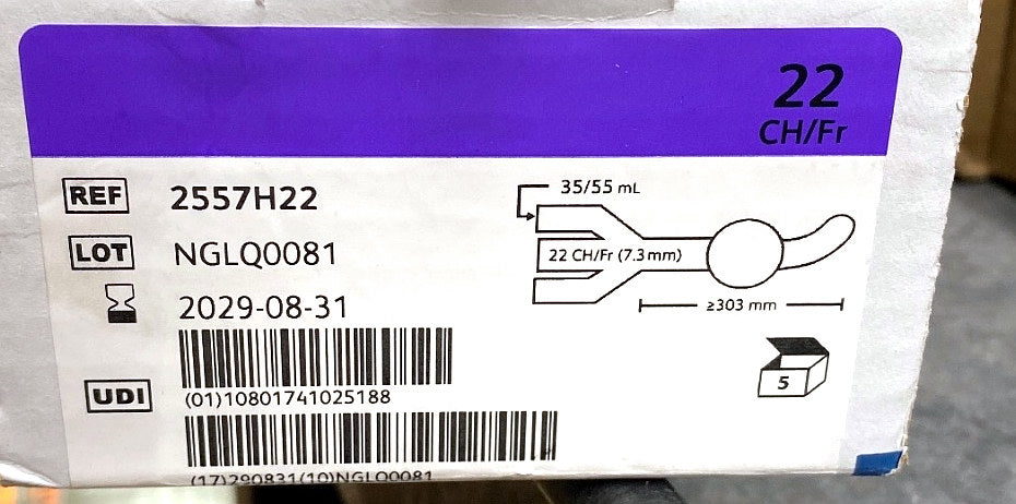 2557H22 - BARD - Bardex® Lubricath® Hematuria Coude Foley Catheter 3 way Continuous Irrigation 30cc Balloon Lubricious Coated, (BX/5)