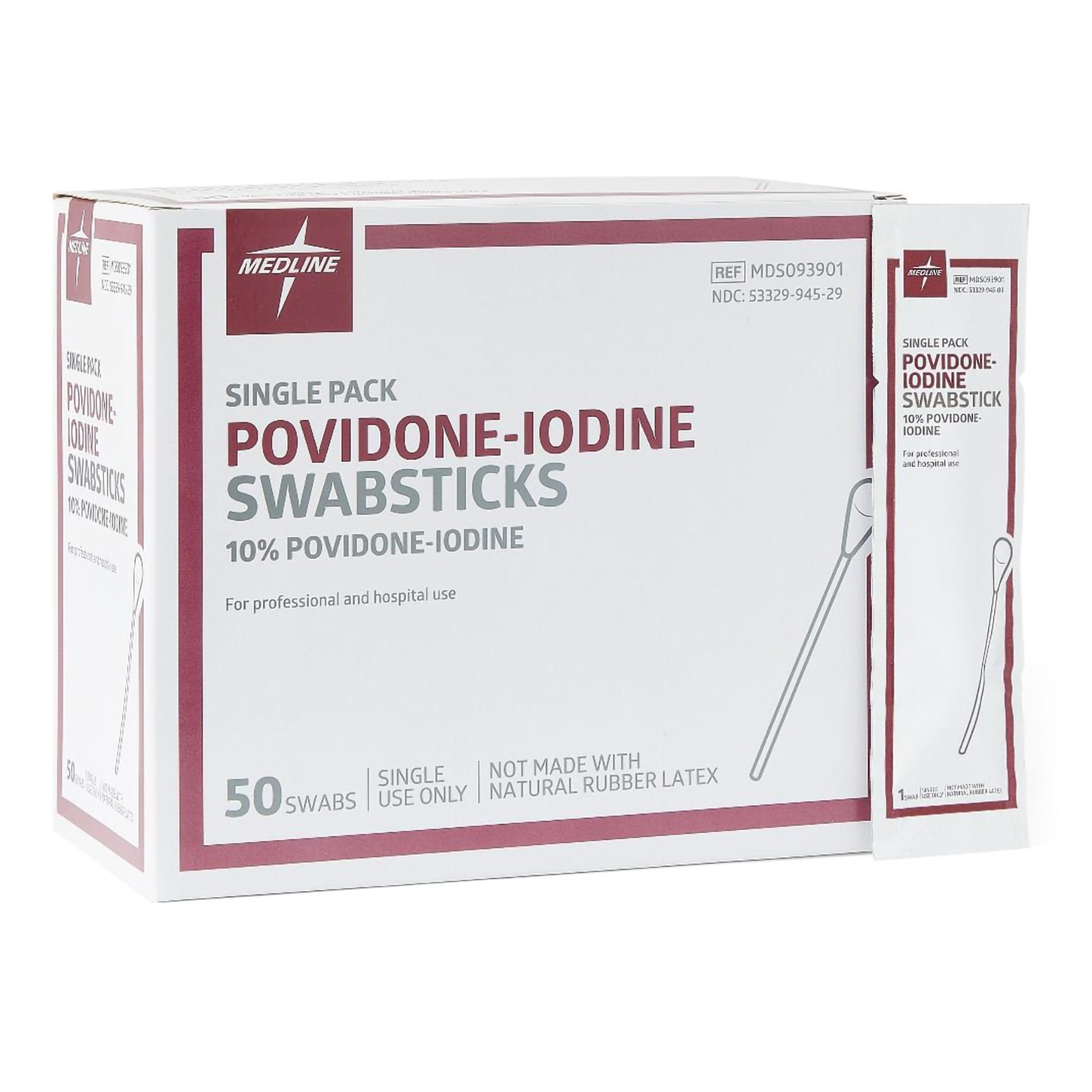 370602 - Medline - Impregnated Swabstick 10% Strength Povidone-Iodine, Individual Packet, MDS093901, Box of 50, (BX)