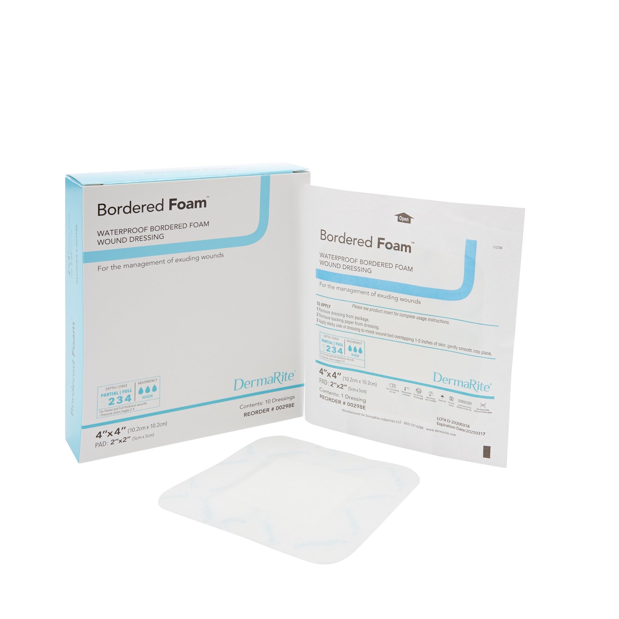 727739 - BorderedFoam - BorderedFoam Foam Dressing 4 X 4 Inch With Border Waterproof Backing Nonacrylic Adhesive Square Sterile, 00298E, Pack of 1, (EA)
