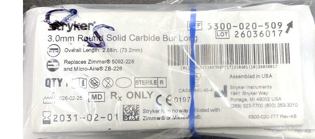 5300-020-509 - STRYKER - 3.0mm Round Solid Carbide Bur Long, (EA/1)