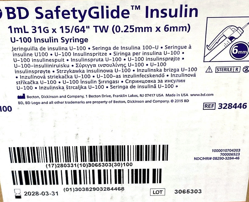 328446 - BD - SafetyGlide™ Insulin Syringes, U-100, 6mm, 31G, 1mL, (BX/100)
