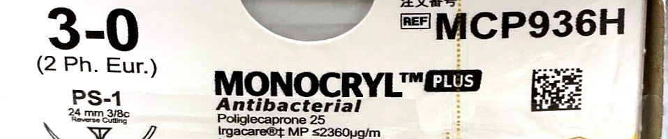 MCP936H - ETHICON - Antibacterial Undyed Monofilament (Poliglecaprone 25), Absorbable Surgical Suture, (BX/36)