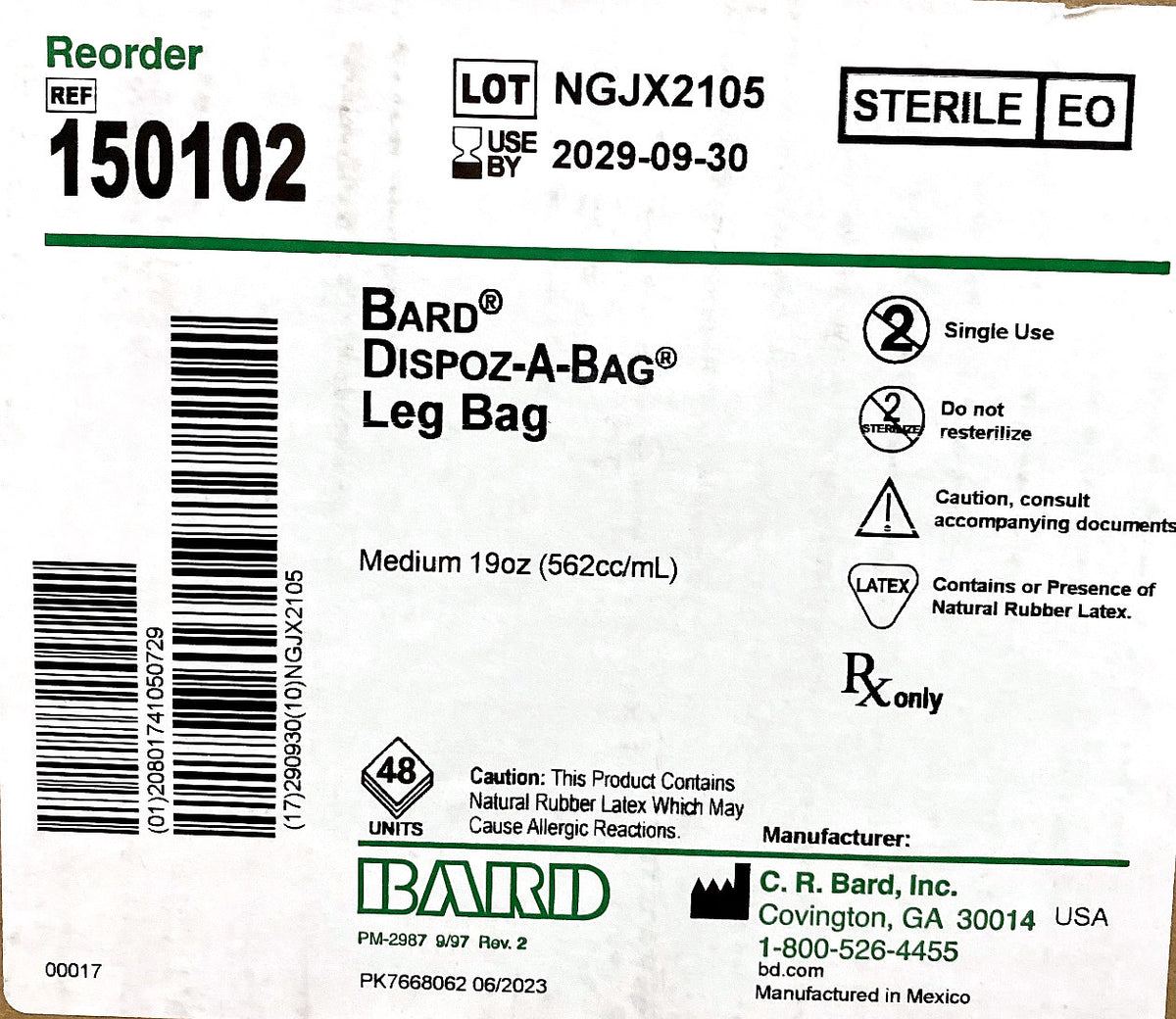150102 - BARD - Dispoz-A-Bag Leg Bag, Medium 19oz (562cc/mL), (BX/48)