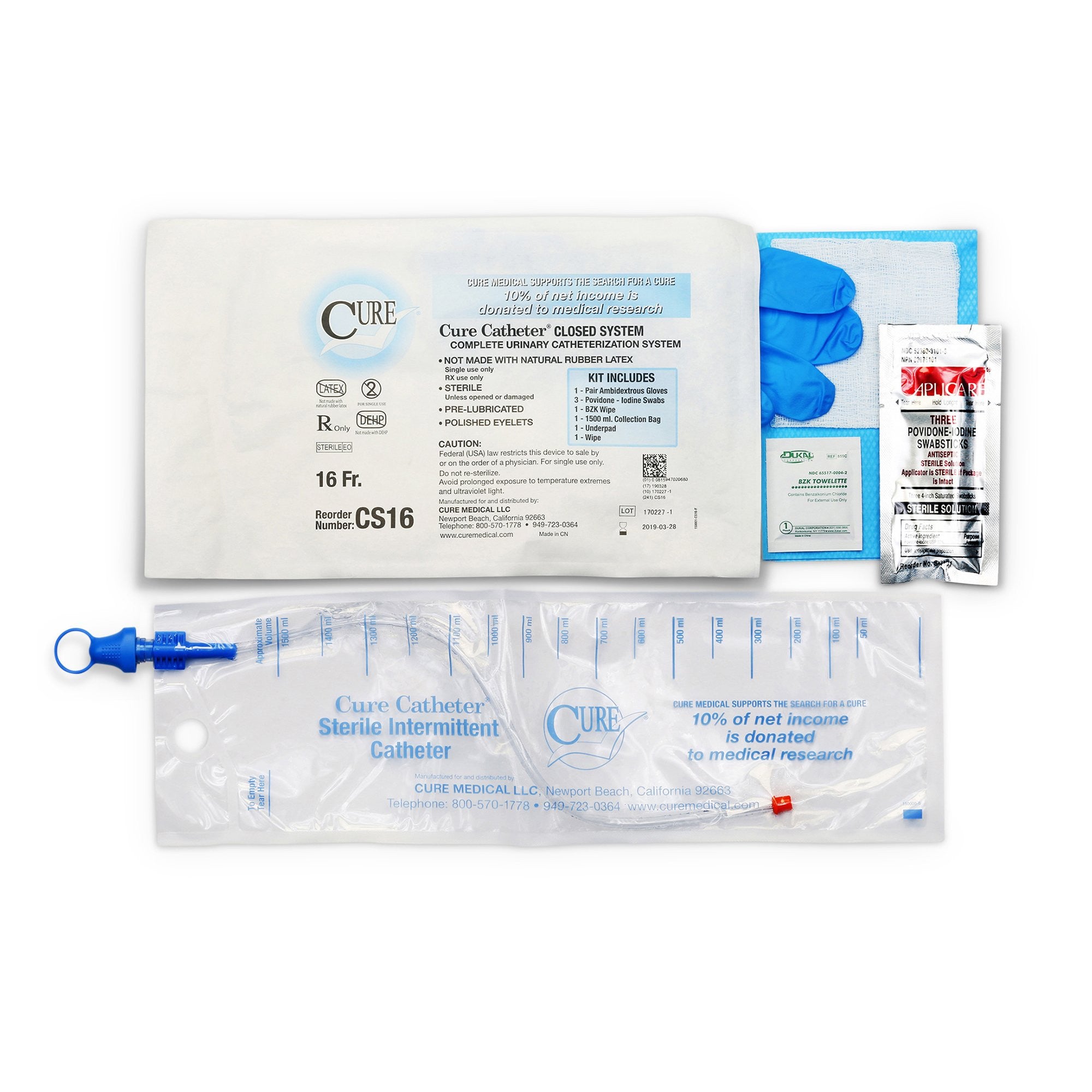 701378 - Cure - Intermittent Catheter Tray Cure Catheter Closed System Unisex, Straight Tip 16 Fr. Without Balloon CS16 Case of 100, (CS)
