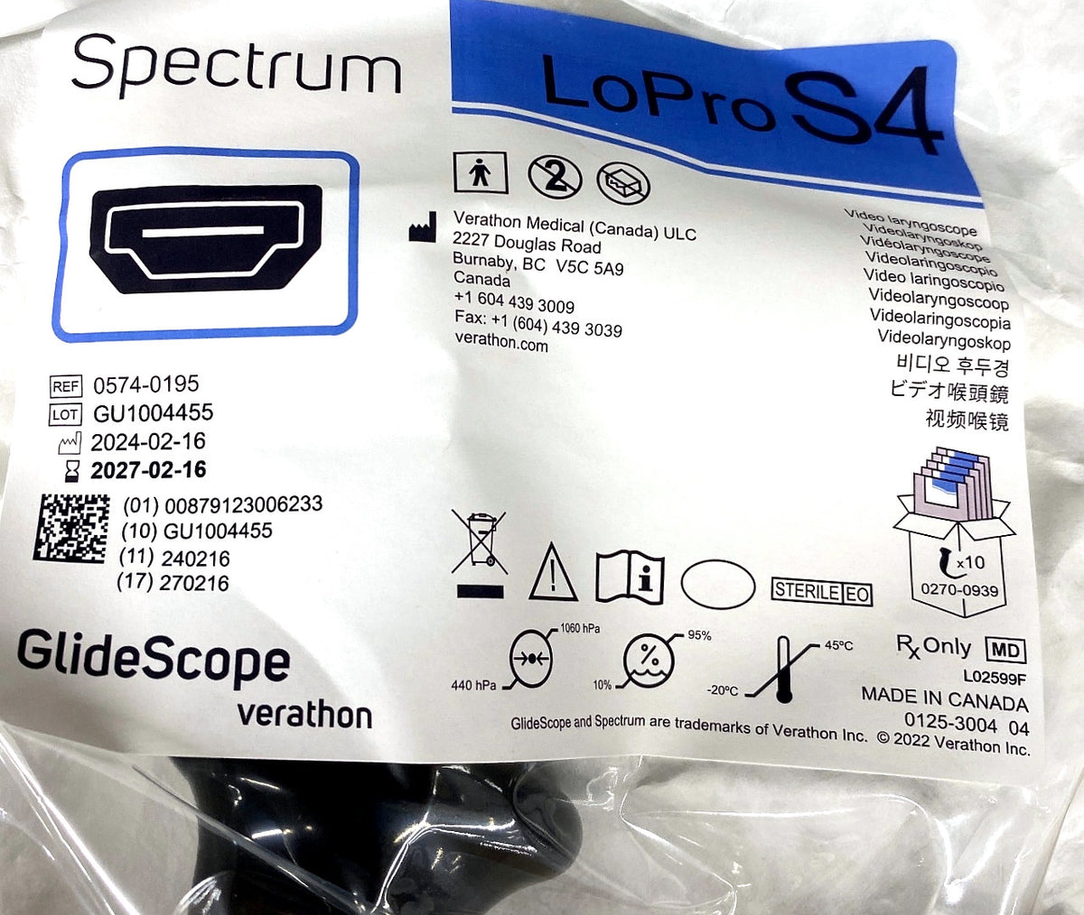 0574-0195 - VERATHON MEDICAL - GlideScope® Spectrum™ LoPro S4, (EA/1)