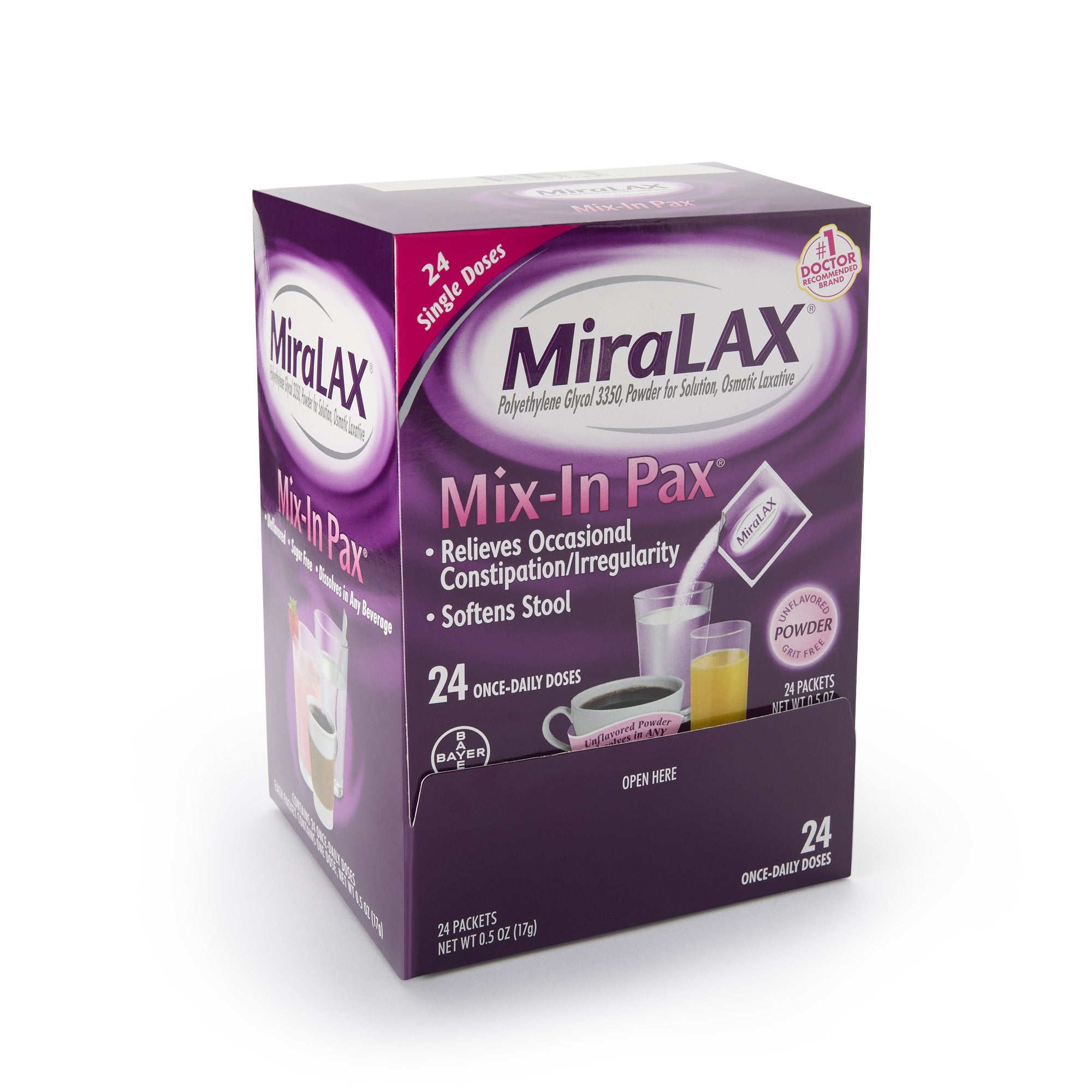 720751 - MiraLAX - Laxative MiraLAX Powder 24 17 Gram Strength Polyethylene Glycol 3350 Box of 24, (BX)