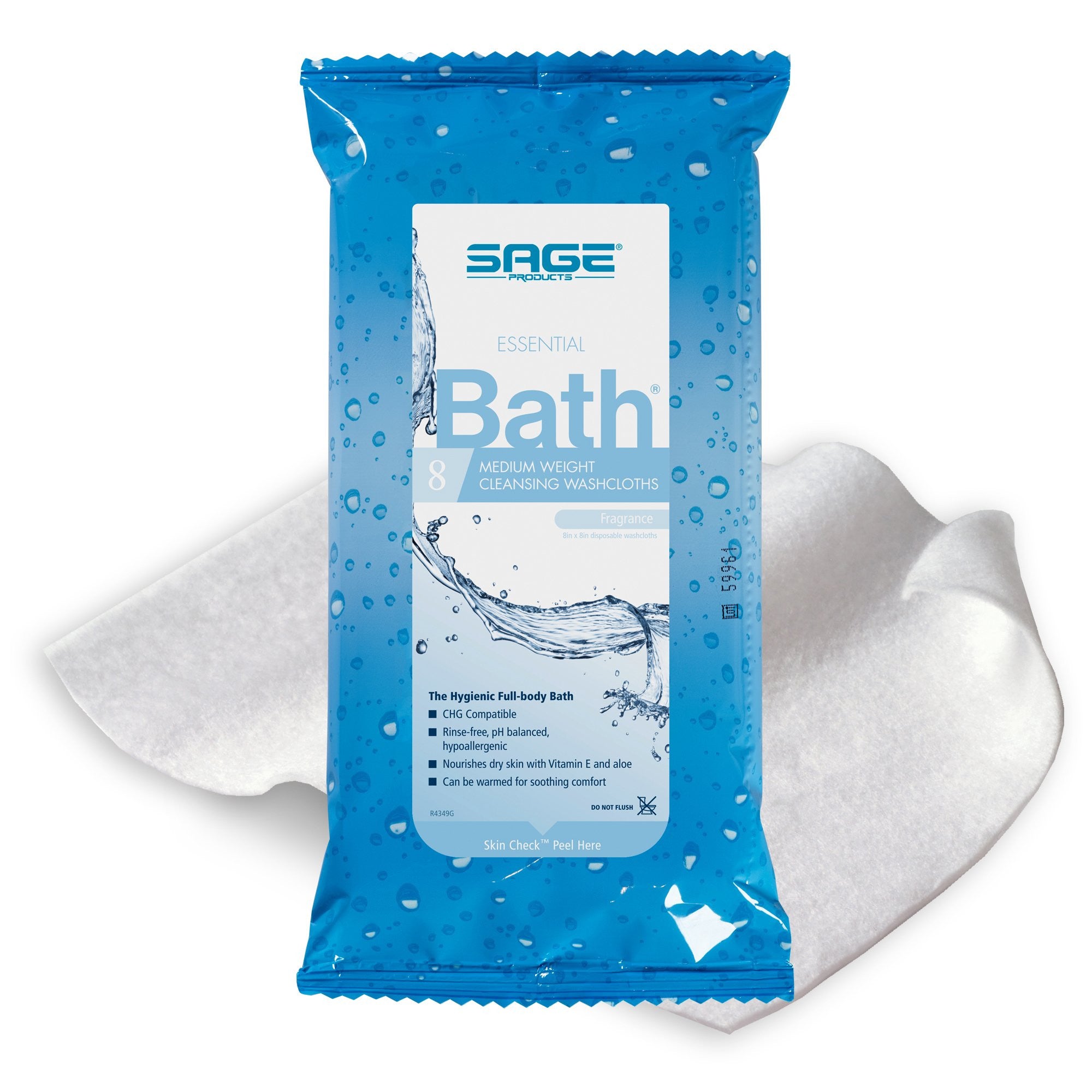 746638 - Essential - Essential Bath Medium Weight Rinse-Free Bath Wipe with Glycerin and Aloe, Size 8 x 8'', Case of 60, (CS)
