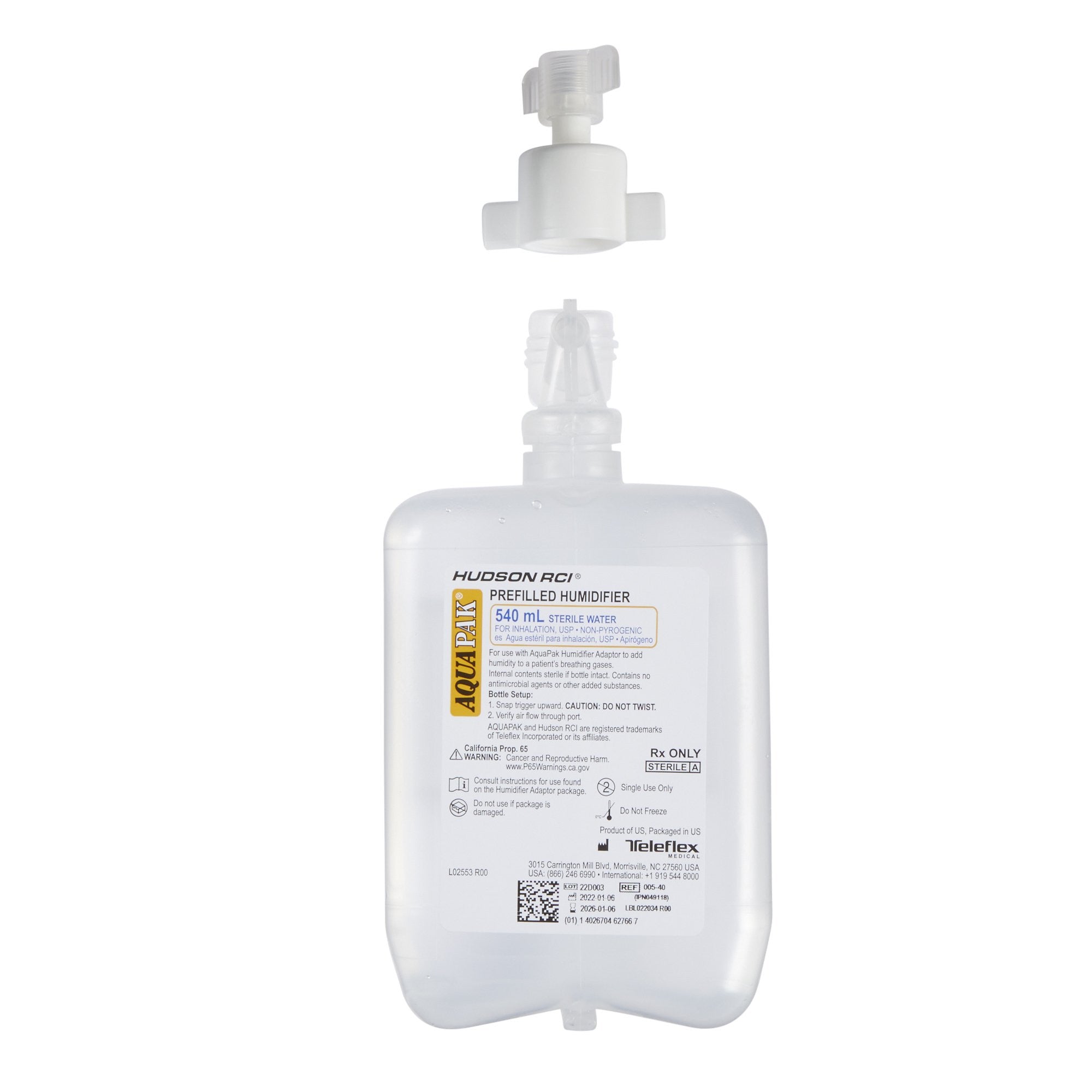 761968 - AQUAPAK - Aquapak Humidifier with Adapter 540 mL Sterile Water Adult / Pediatric, HUD00540, Pack of 1, (EA)