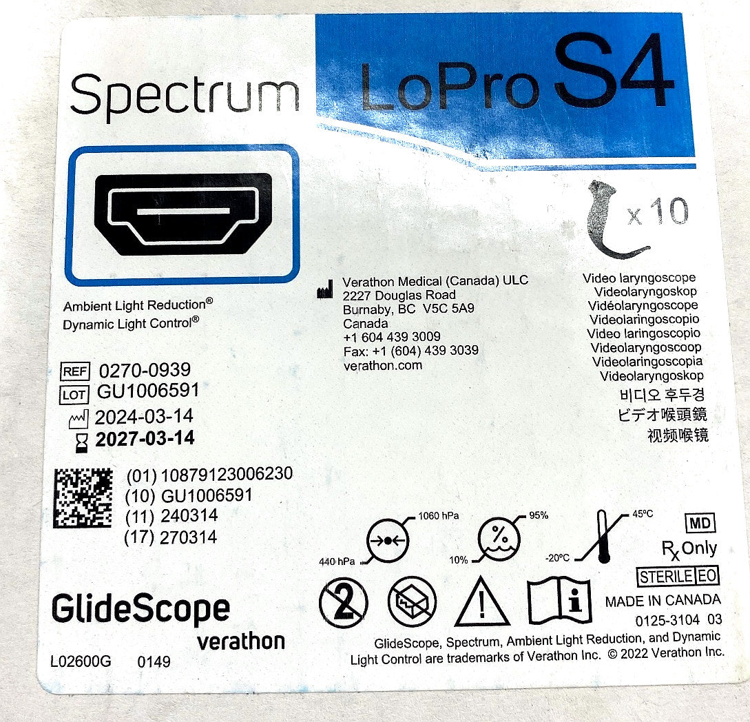 0270-0939 - VERATHON MEDICAL - GlideScope® Spectrum™ LoPro S4, (BX/10)
