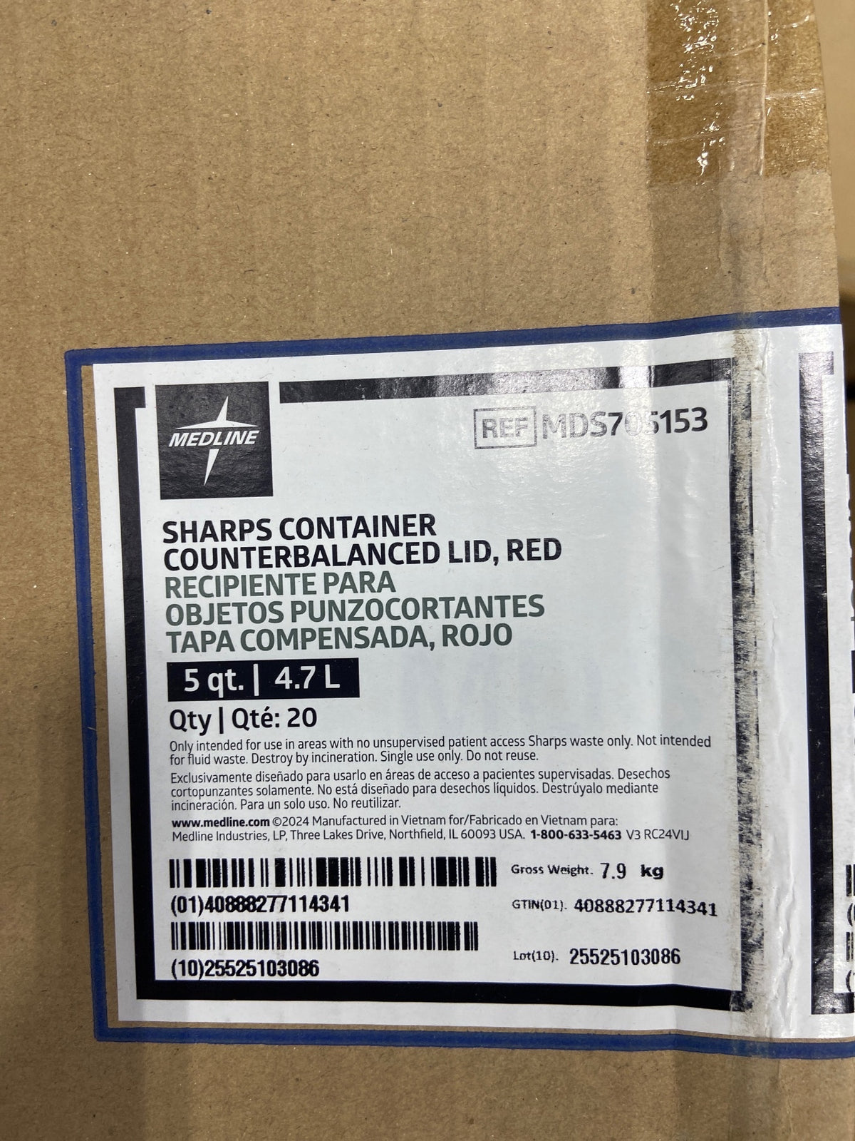 MDS705153 - MEDLINE - CONTAINER,SHARPS,5 QT,RED,WALL MOUNT, (BX/20)