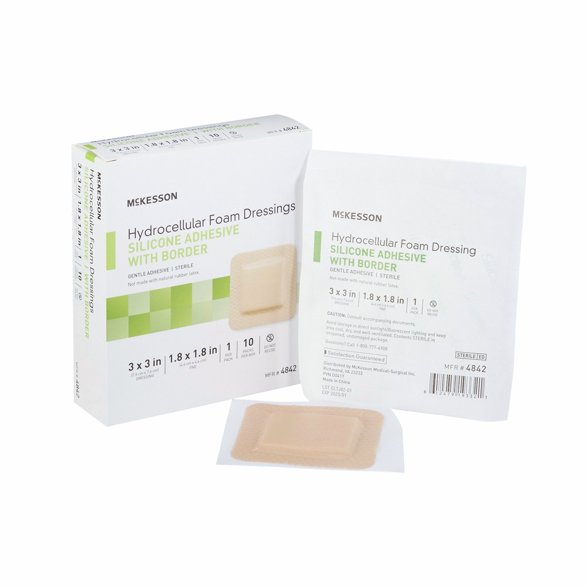 886431 - McKesson - McKesson 5-Layer Foam Dressing 3 X 3 Inch With Border Film Backing Silicone Gel Adhesive Square Sterile, 4842, Case of 200, (CS)