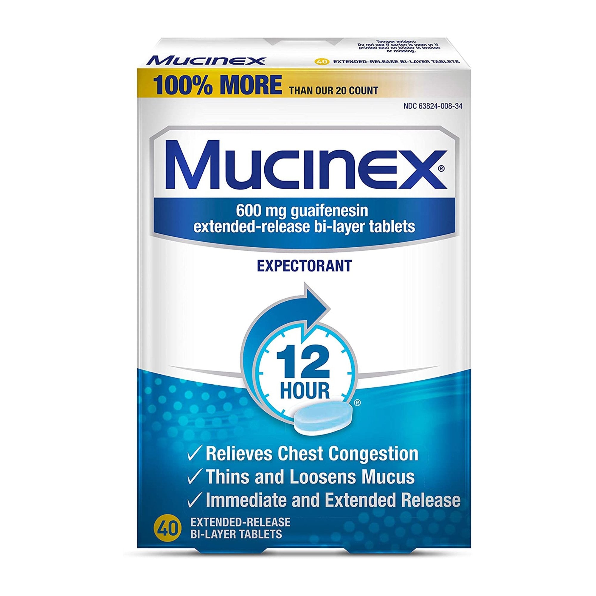 797347 - Mucinex - Cold and Cough Relief Mucinex 600 mg Strength Tablet 40 Box of 40, (BX)