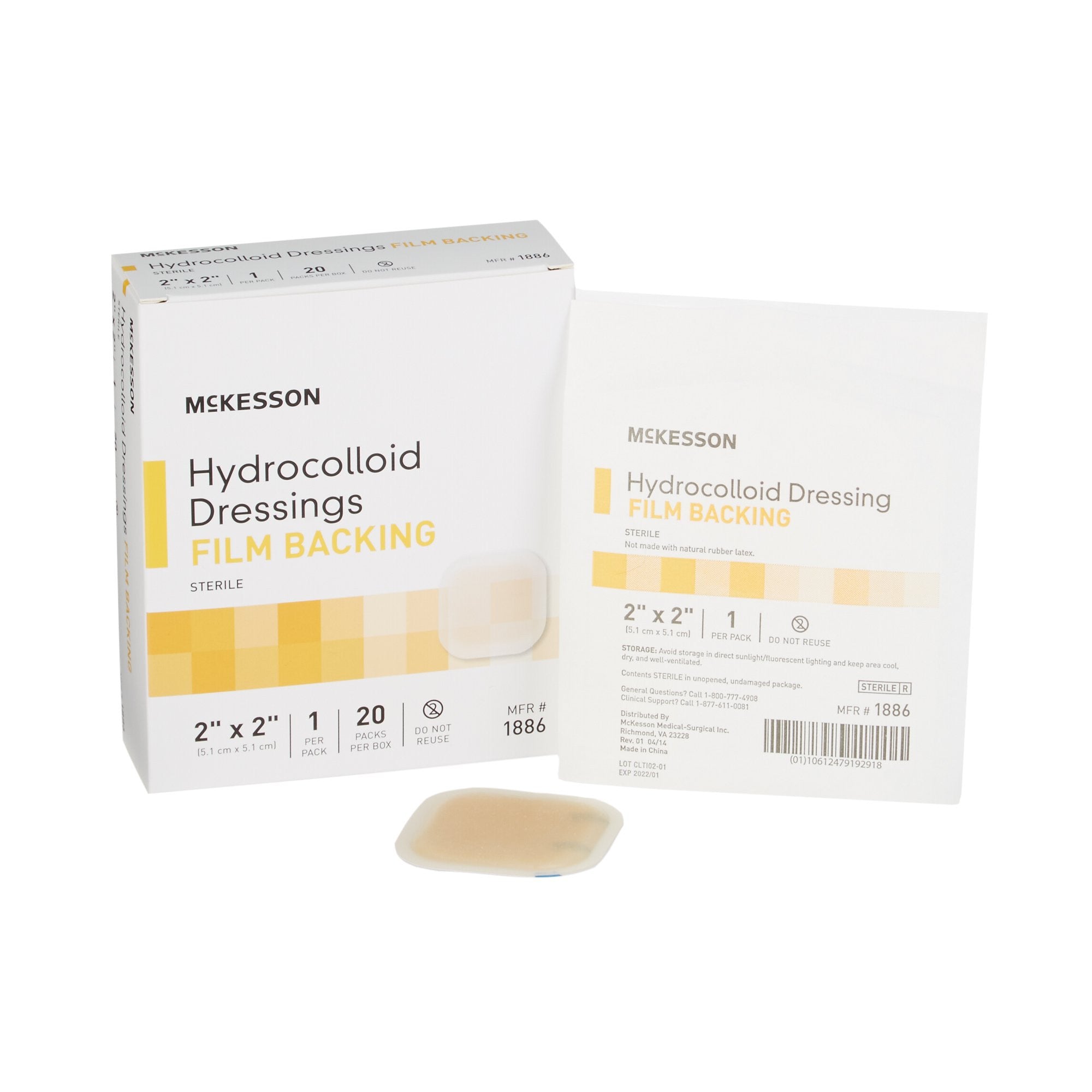 882991 - McKesson - McKesson Hydrocolloid Dressing Waterproof Film Backing 2 X 2 Inch Square Hydrocolloid / Film, 1886, Pack of 1, (EA)