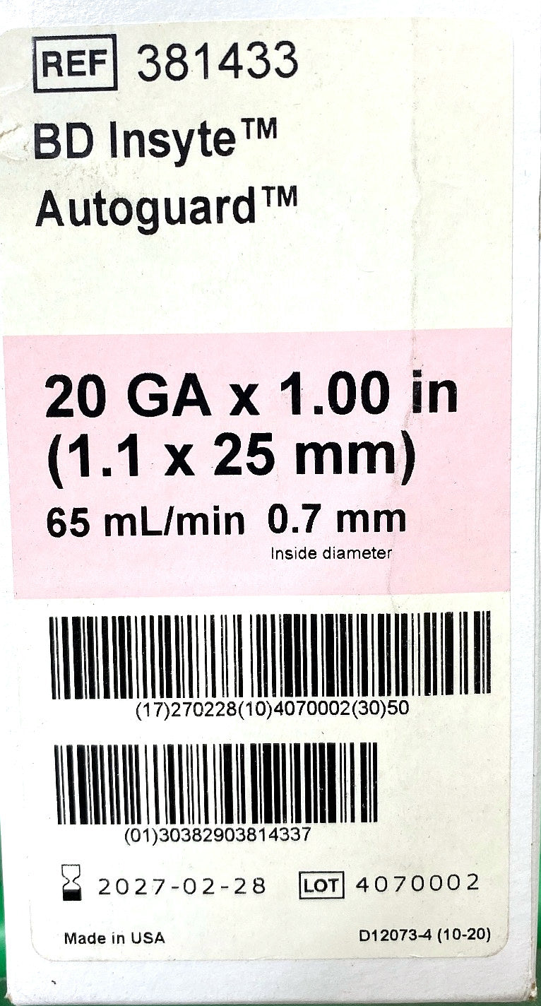 381433 - BD - INSYTE AUTOGUARD PNK 20GA X 1.0IN, (BX/50)
