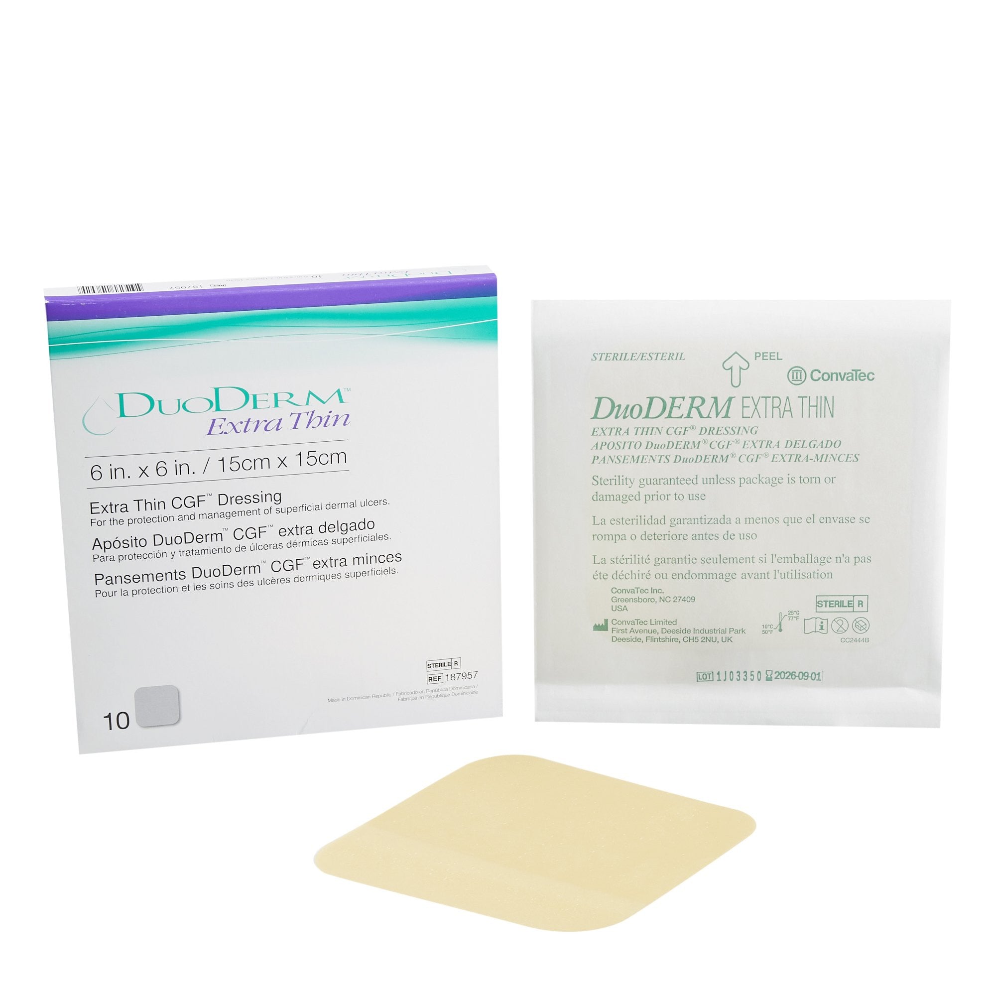 187665 - DuoDERM - DuoDERM Extra Thin CGF Thin Hydrocolloid Dressing Film Backing 6 X 6 Inch Square Hydrocolloid / Film, 187957, Box of 10, (BX)