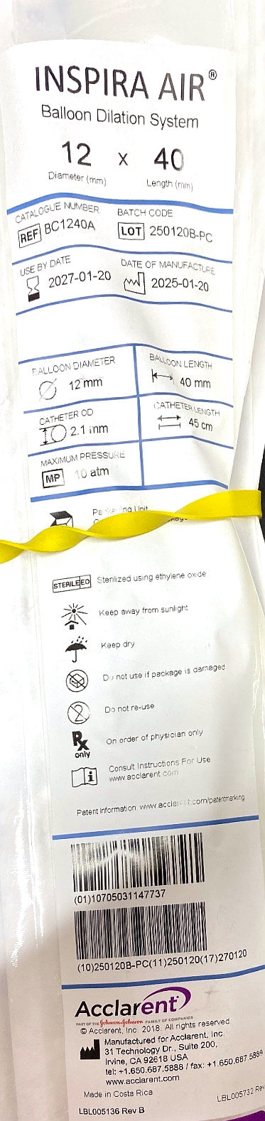 BC1240A - ACCLARENT - Inspira Air balloon dilation system, 12mm x 40mm balloon., (EA/1)