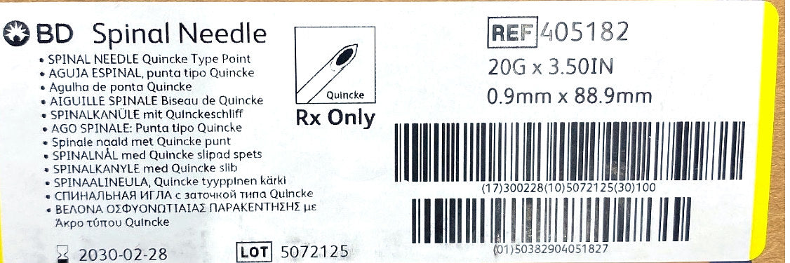 405182 - BD - NEEDLE SPINAL S/SU 20GA 3-1/2IN QUINCKE, (CS/100)