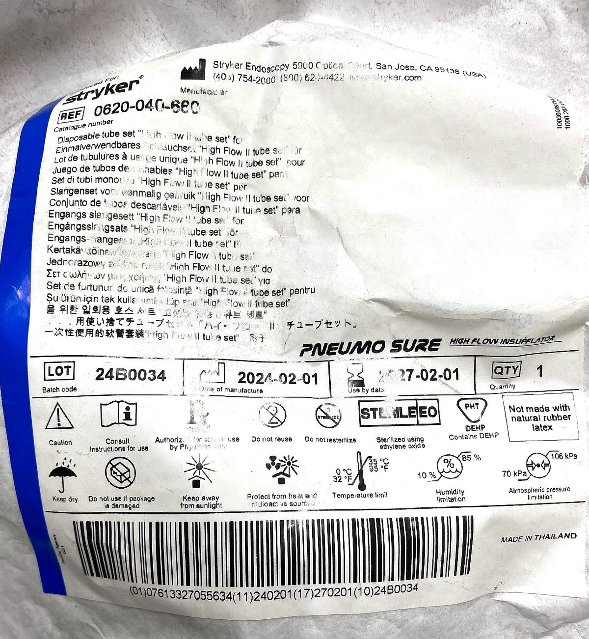 0620-040-660 - STRYKER - [High Flow Insufflator, Do not use if package is damaged, Keep dry, Keep away from sunlight, Protect from heat and radioactive sources.], (EA/1)