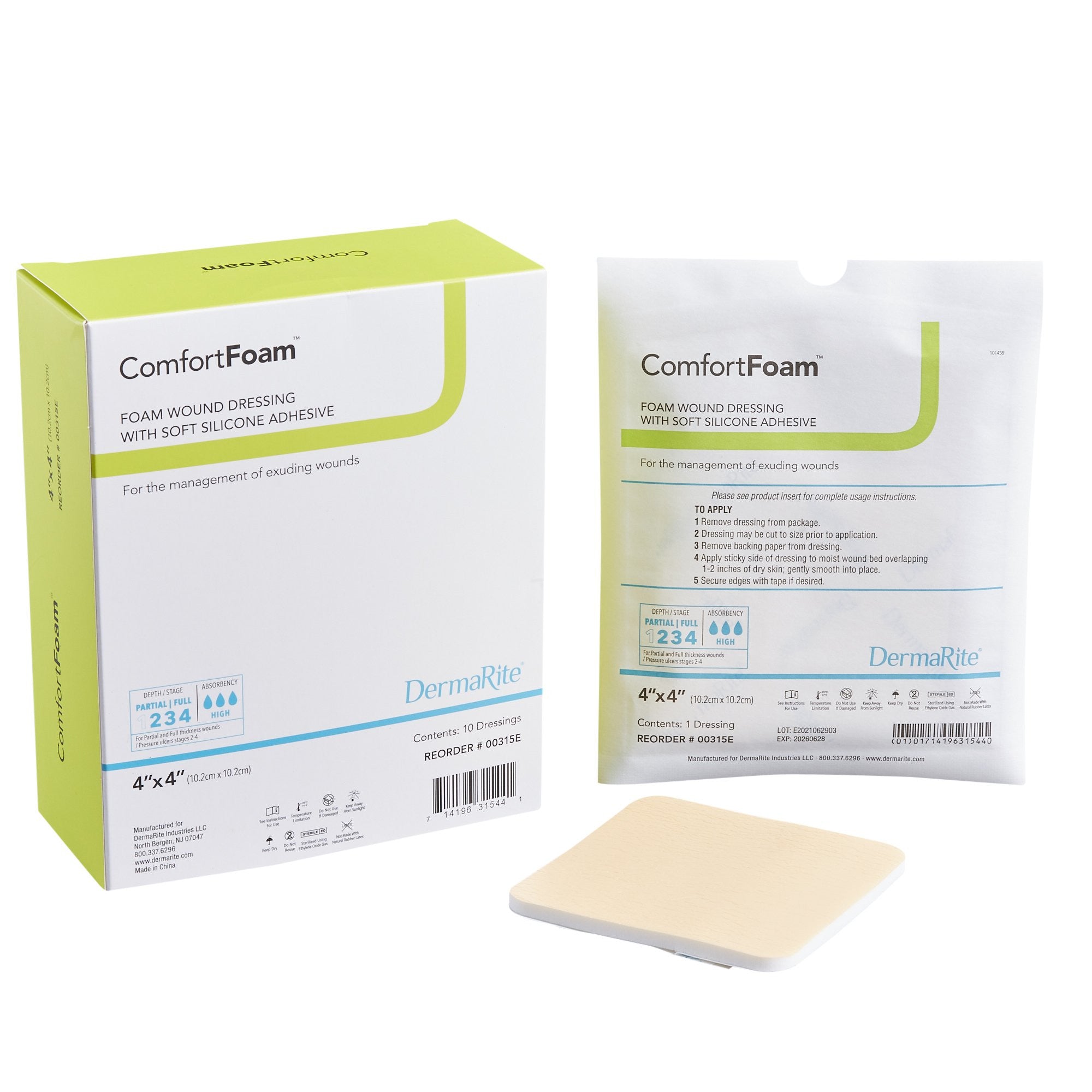 835615 - Comfort - ComfortFoam Foam Dressing 4 X 4 Inch Without Border Film Backing Silicone Face Square Sterile, 00315E, Box of 10, (BX)