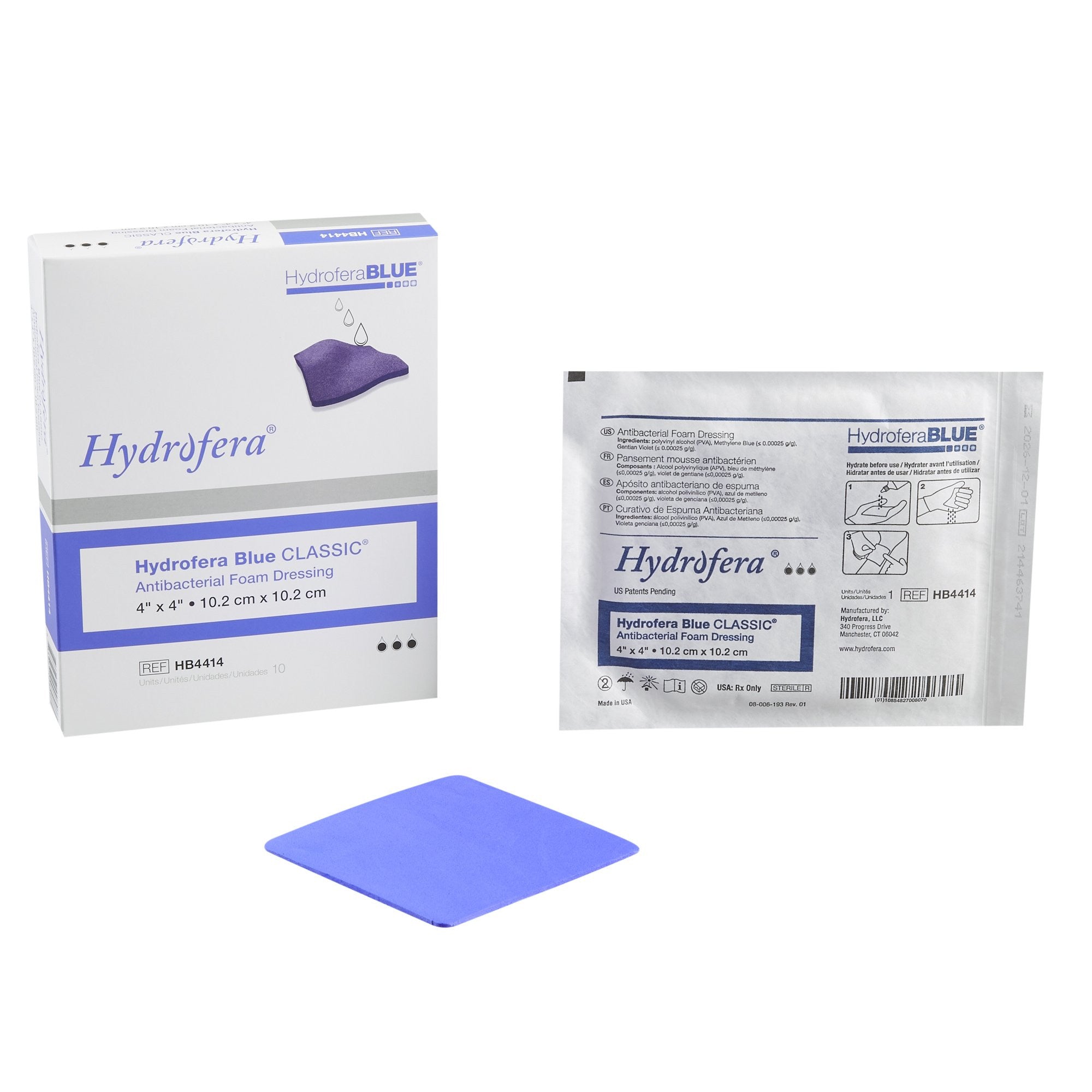 640361 - Hydrofera BLUE - Hydrofera BLUE Classic Antibacterial Foam Dressing 4 X 4 Inch Without Border Without Film Backing Nonadhesive Square Sterile, HB4414, Pack of 1, (EA)