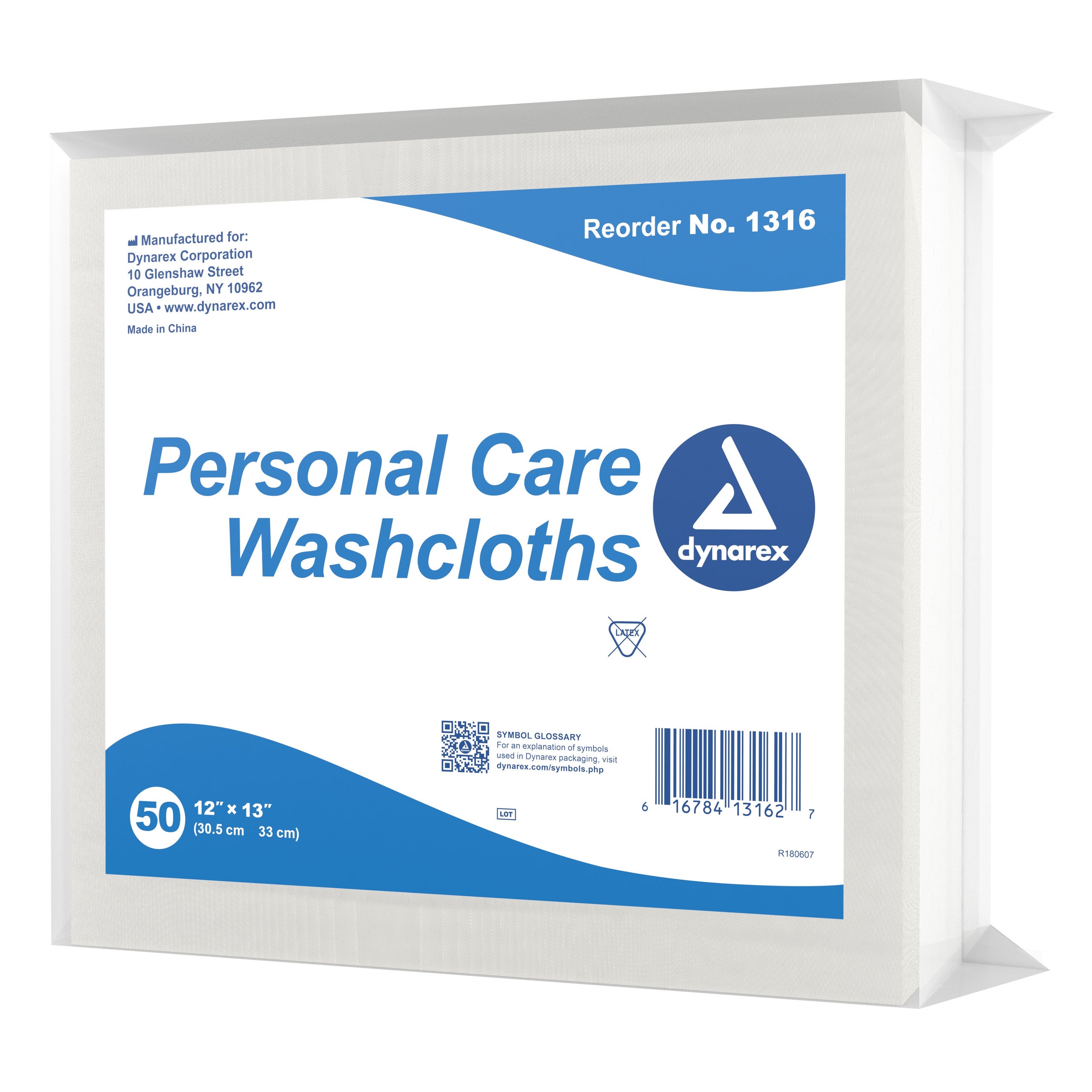 826636 - Dynarex - Washcloth Dynarex 12 x 13 Inch White Disposable 1316 Pack of 50, (PK)