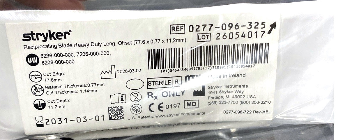 0277-096-325 - STRYKER - Reciprocating Blade Heavy Duty Long, Offset (77.6 x 0.77 x 11.2mm), (EA/1)