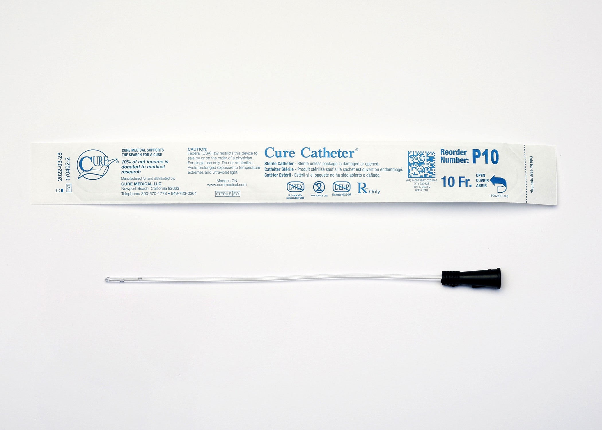 834668 - Cure - Urethral Catheter Cure Catheter Straight Tip Uncoated PVC 10 Fr. 10 in, P10 Pack of 1, (EA)