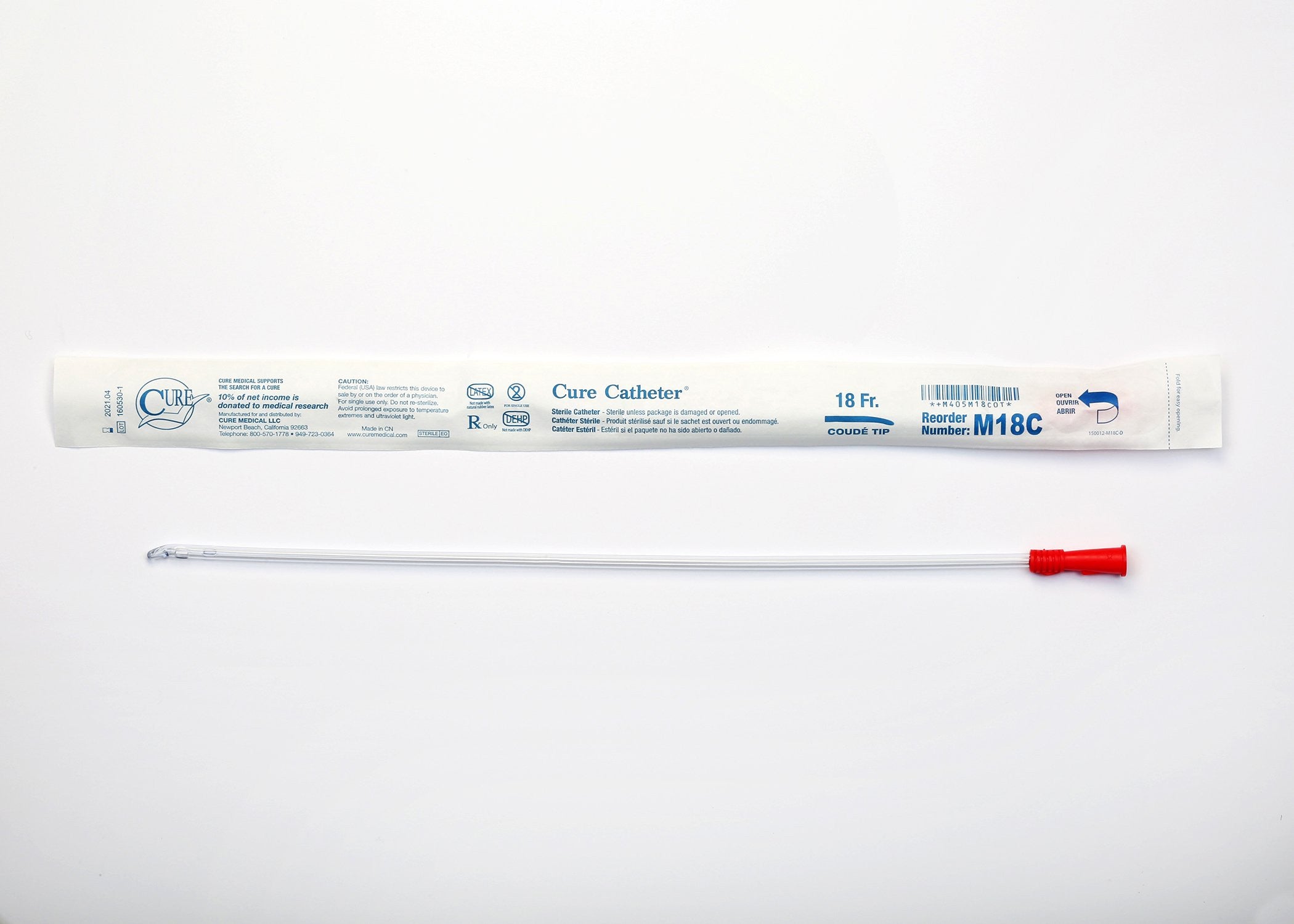 842541 - Cure - Urethral Catheter Cure Catheter Coude Tip Uncoated PVC 18 Fr. 16 in, M18C Box of 30, (BX)