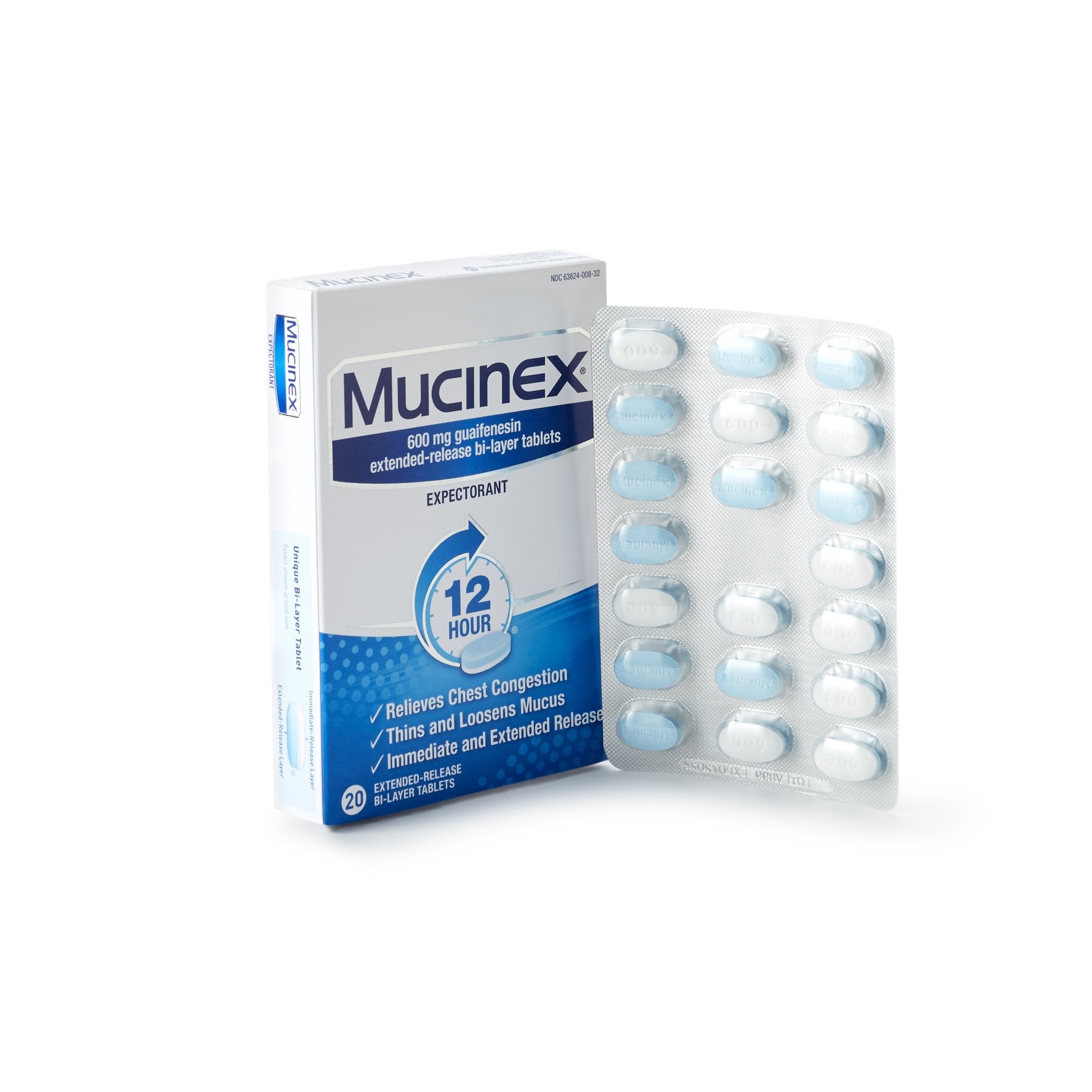 852697 - Mucinex - Mucinex Cold and Cough Relief Tablet, Guaifenesin 600 mg Strength, 20 Tablets per Box, Box of 20, (BX)