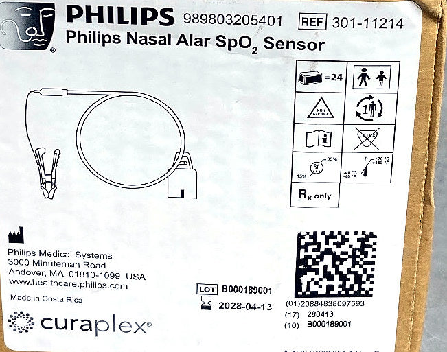 301-11214 - PHILIPS - Tri-anim, Nasal Alar SpO2 Sensor, 24/CS. Curaplex and Philips co-branded Nasal Alar single patient use multi-compatible SpO2 sensor. 24 sensors per case, (BX/24)