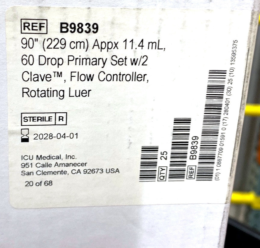 B9839 - ICU MEDICAL - 90" (229 cm) Appx 11.0 mL, 60 Drop Primary Set w/BCV-Clave®, Clave®, Flow Controller, Rotating Luer, (BX/25)