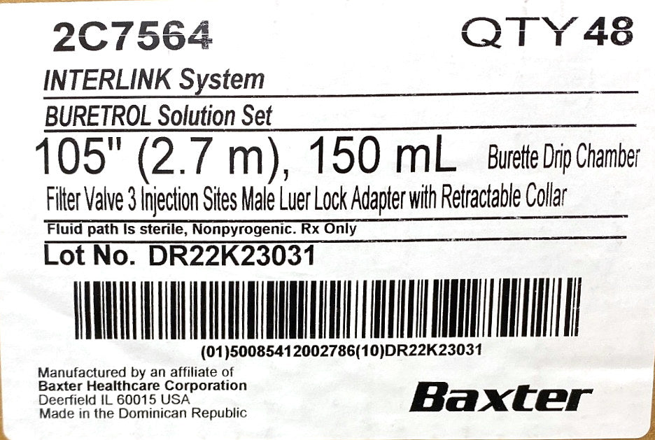 2C7564 - BAXTER - BURETROL Solution Set, 150 mL Burette Drip Chamber Filter Valve, 3 Injection Sites, Male Luer Lock Adapter with Retractable Collar, (BX/48)