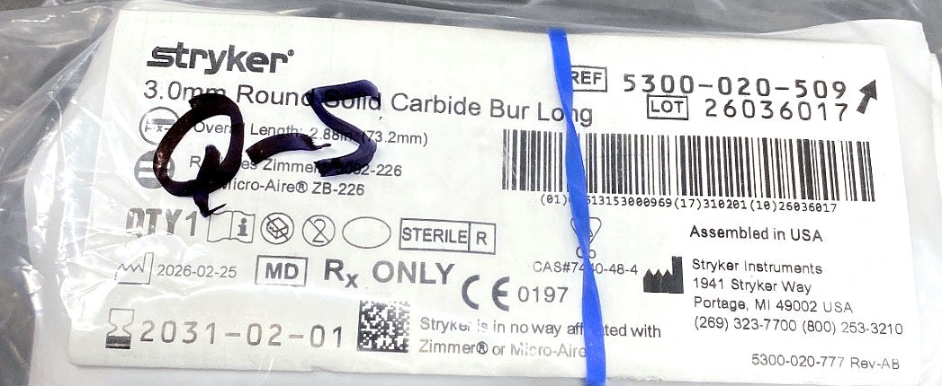 5300-020-509 - STRYKER - 3.0mm Round Solid Carbide Bur Long, (EA/1)