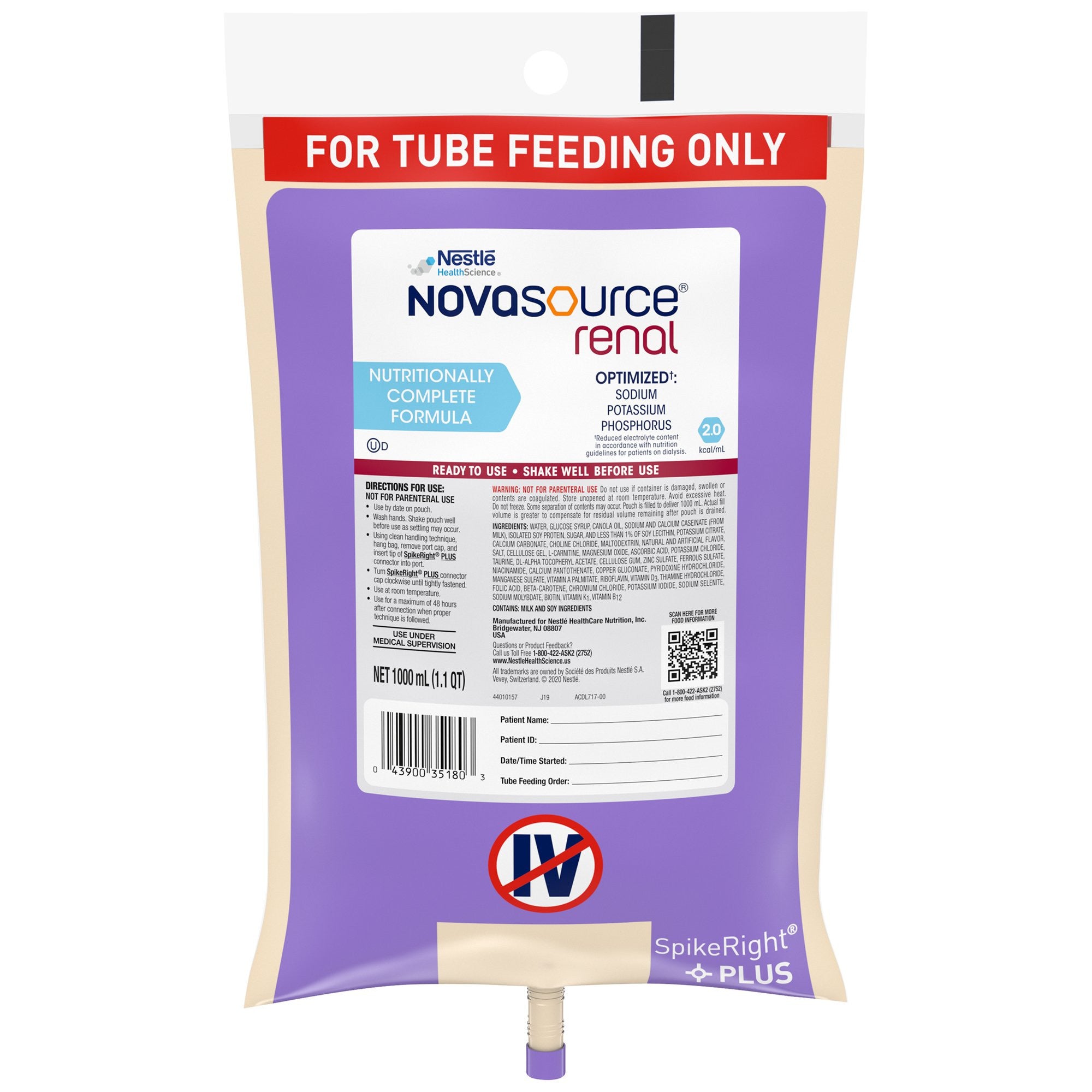 693720 - Novasource Renal - Novasource Renal Tube Feeding Formula Unflavored Liquid 1000 mL Ready to Hang Prefilled Container Pack of 1, (EA)