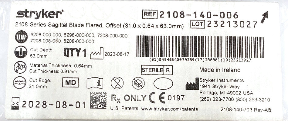 2108-140-006 - STRYKER - 2108 Series Sagittal Blade Flared, Offset (31.0 x 0.64 x 63.0mm), (EA/1)