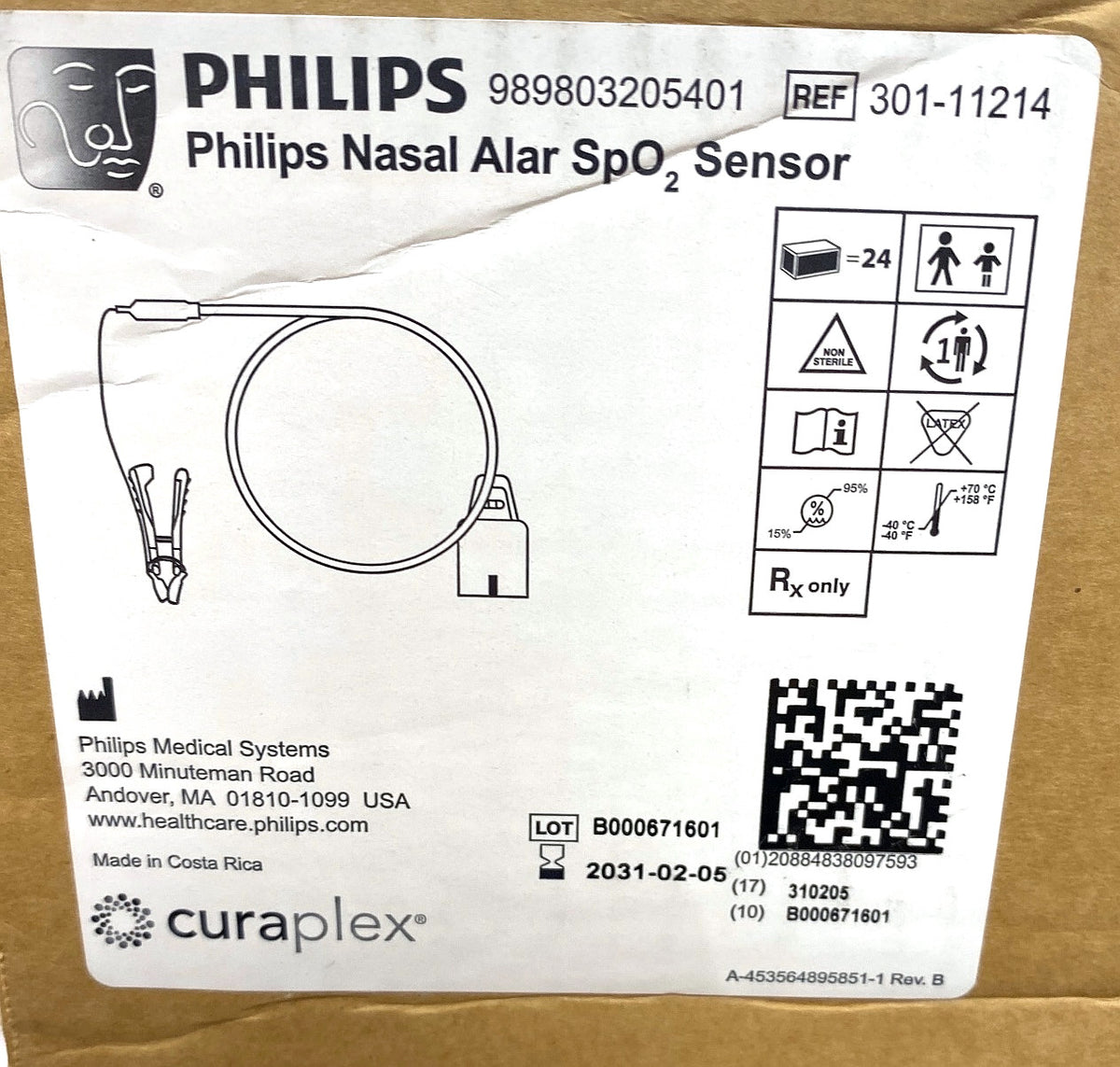 301-11214 - PHILIPS - Tri-anim, Nasal Alar SpO2 Sensor, 24/CS. Curaplex and Philips co-branded Nasal Alar single patient use multi-compatible SpO2 sensor. 24 sensors per case, (BX/24)