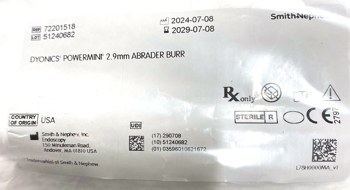 72201518 - SMITH & NEPHEW - DYONICS 2.9 MM ABRADER BURRS, 7 CM LENGTH, ORANGE, PACKAGED 6 PER BOX, STERILE, (EA/1)