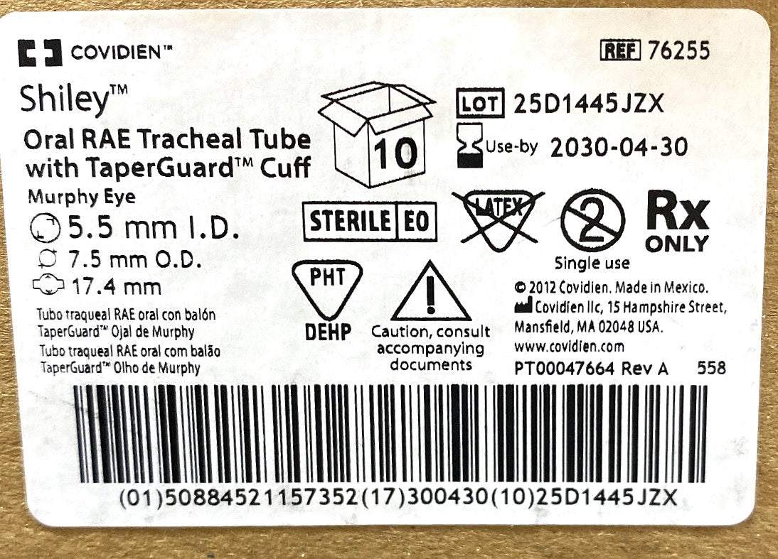 76255 - COVIDIEN - Oral RAE Tracheal Tube with TaperGuard Cuff,Murphy Eye, (BX/10)