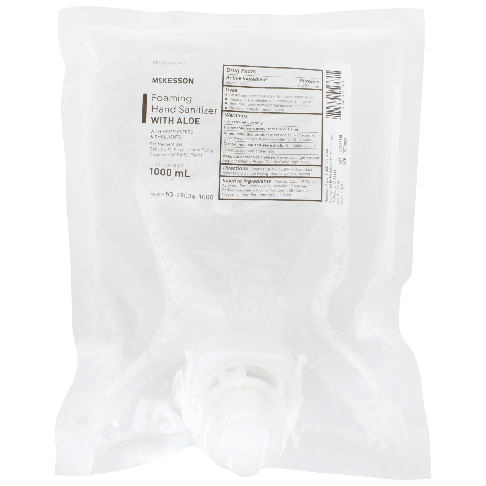957986 - McKesson - Hand Sanitizer with Aloe McKesson 1,000 mL Ethyl Alcohol Foaming Dispenser Refill Bag 53-29036-1000 Pack of 1, (EA)