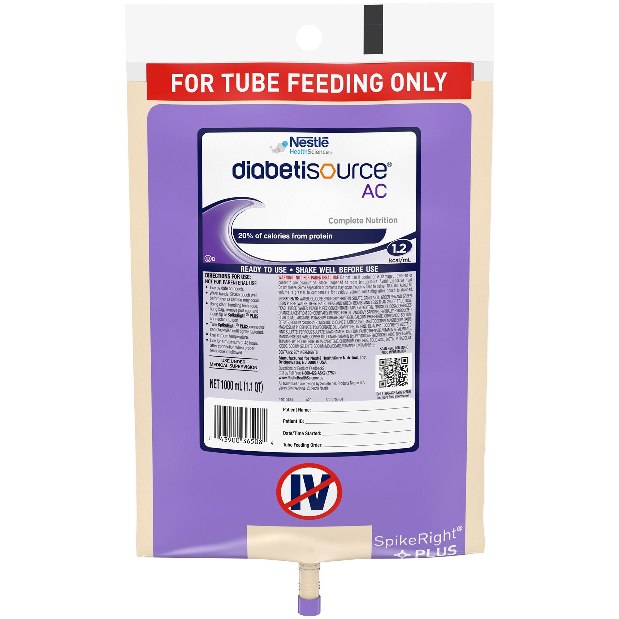 693726 - Diabetisource AC - Diabetisource AC Tube Feeding Formula Unflavored Liquid 1000 mL Ready to Hang Prefilled Container Pack of 1, (EA)