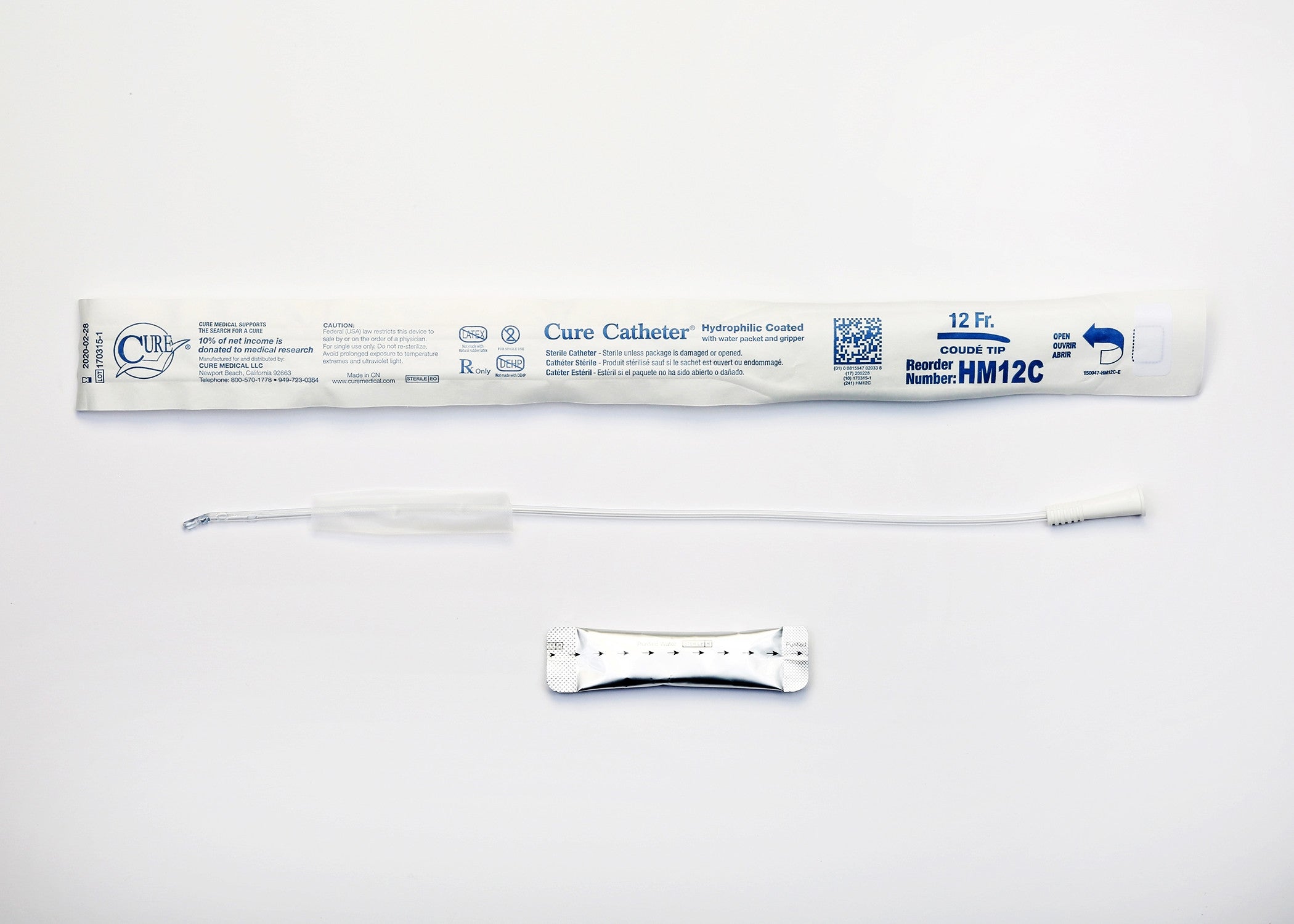 961962 - Cure Catheter - Urethral Catheter Hydrophilic Cure Catheter Coude Tip Hydrophilic Coated Plastic 12 Fr. 16 in, HM12C Box of 30, (BX)