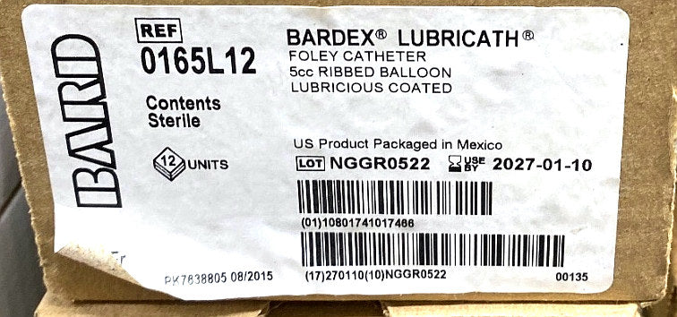 0165L12 - BARD - Bardex® Lubricath® Foley Catheter 5cc Balloon Lubricious Coated, (BX/12)
