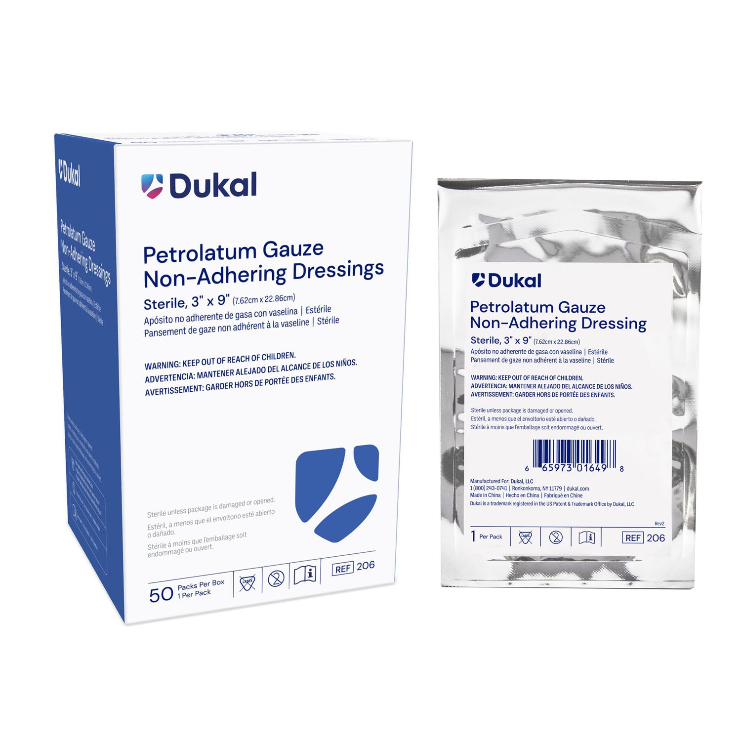 206 - Dukal 公司 - 凡士林紗布敷料，3 英寸 x 9 英寸，無菌，1 片/包，50 片/盒，盒裝