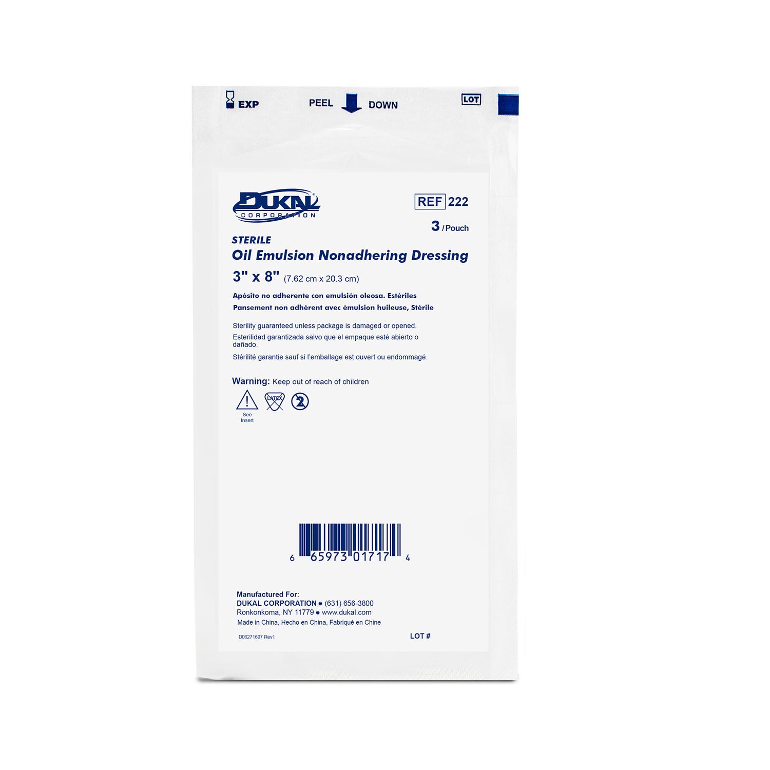 222 - Dukal Corporation - Oil Emulsion Dressing, 3" x 8", Sterile, 3/pk, 36 pk/bx    , bx