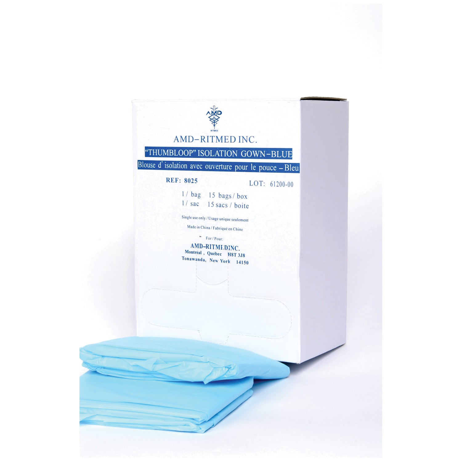 8025 - AMD-Medicom - Impervious Gown, Regular, Blue Poly Thumb Loop, 15/bg, 5 bg/cs    , cs