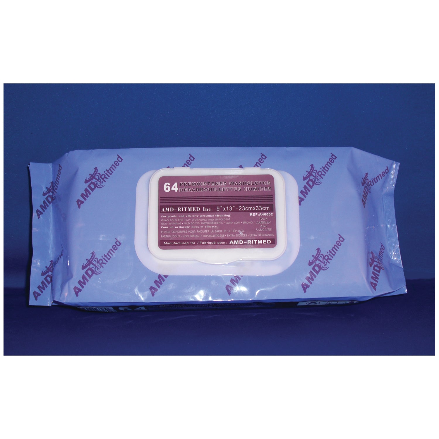 A40002 - AMD-Medicom - Toallita de 25,4 x 33 cm, prehumedecida, 64 toallitas por paquete blando, 8 unidades/caja (100 cajas/paquete) (Vencimiento mínimo: 90 días) (Artículo no retornable), caja