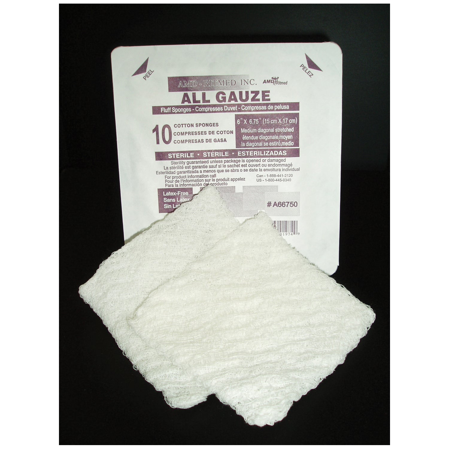 A66755 - AMD-Medicom - Esponja de pelusa, 6" x 6¾", estéril, 5/bandeja dura, 120 bandejas/caja, caja