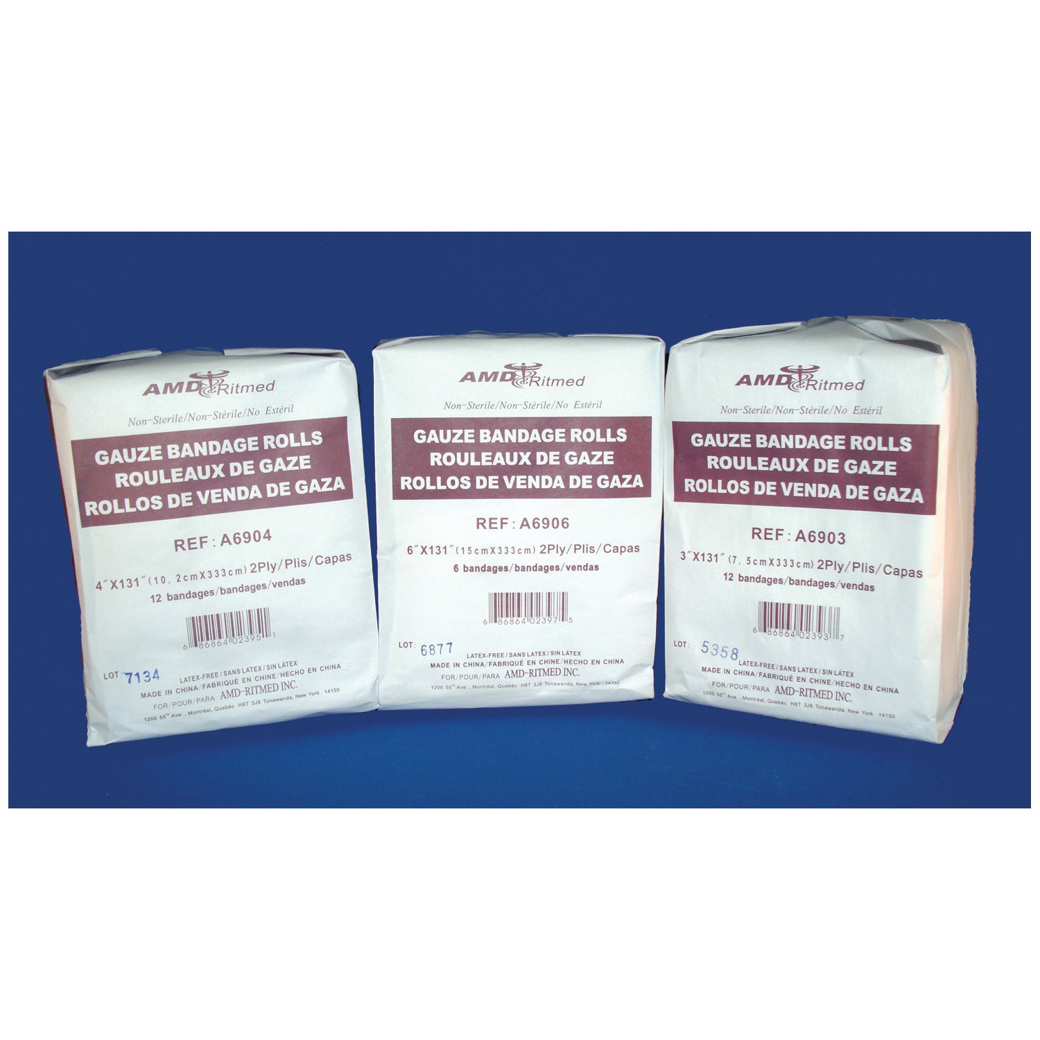 A6903 - AMD-Medicom - Vendaje de gasa, 3" x 131", no estéril, paquete de 12, paquete de 8, caja