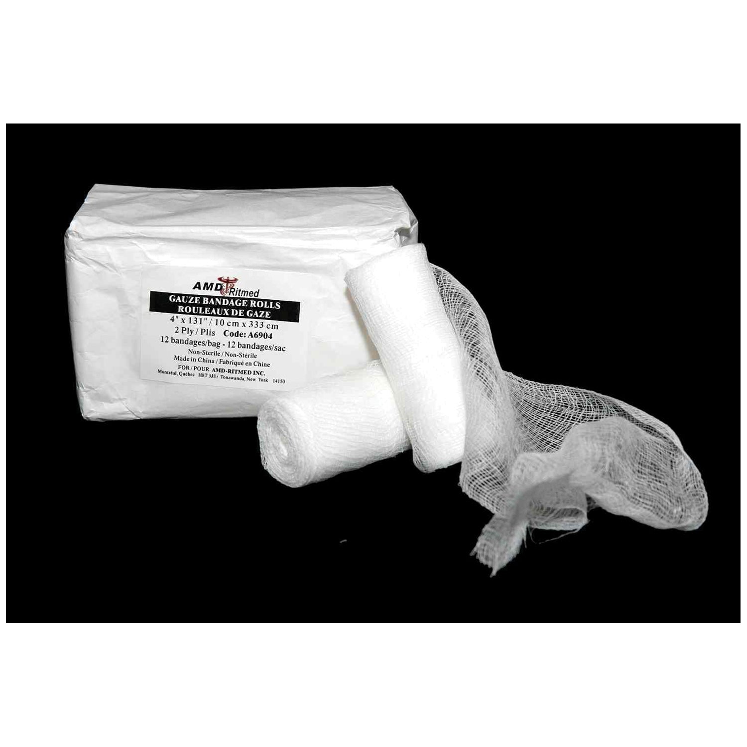 A6904 - AMD-Medicom - Vendaje de gasa, 4" x 131", no estéril, paquete de 12, paquete de 8, caja